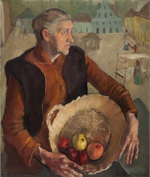   A middle-aged woman holds a patially empty basket with five apples in it. In the backgroud - market stands and buildings