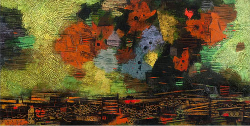   An abstract painting with patches of color: orange, blue, yellow, green and brown