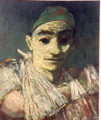 "הפצוע", ציור שמן מאת מרדכי ארדון, ובו רואים גבר שידו חבושה